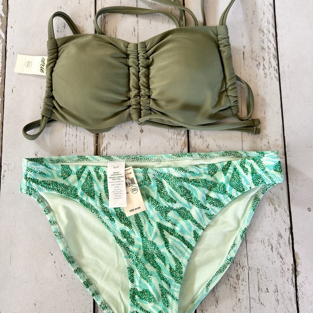 Sz XS Aerie Olive Bandeau Top with Mint Green Patterned Bikini Bottoms NWT